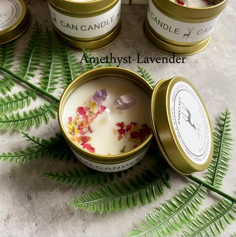 Golden Tin Box Aromatherapy Candles Crystal Salt Stonedried Flower Scented Soy Wax Smokeless Candle Home Decoration